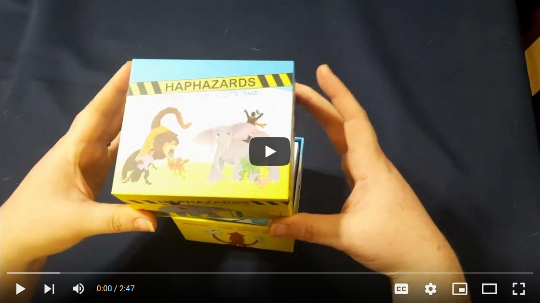 A YouTube video of a game of HAPHAZARDS being unboxed.