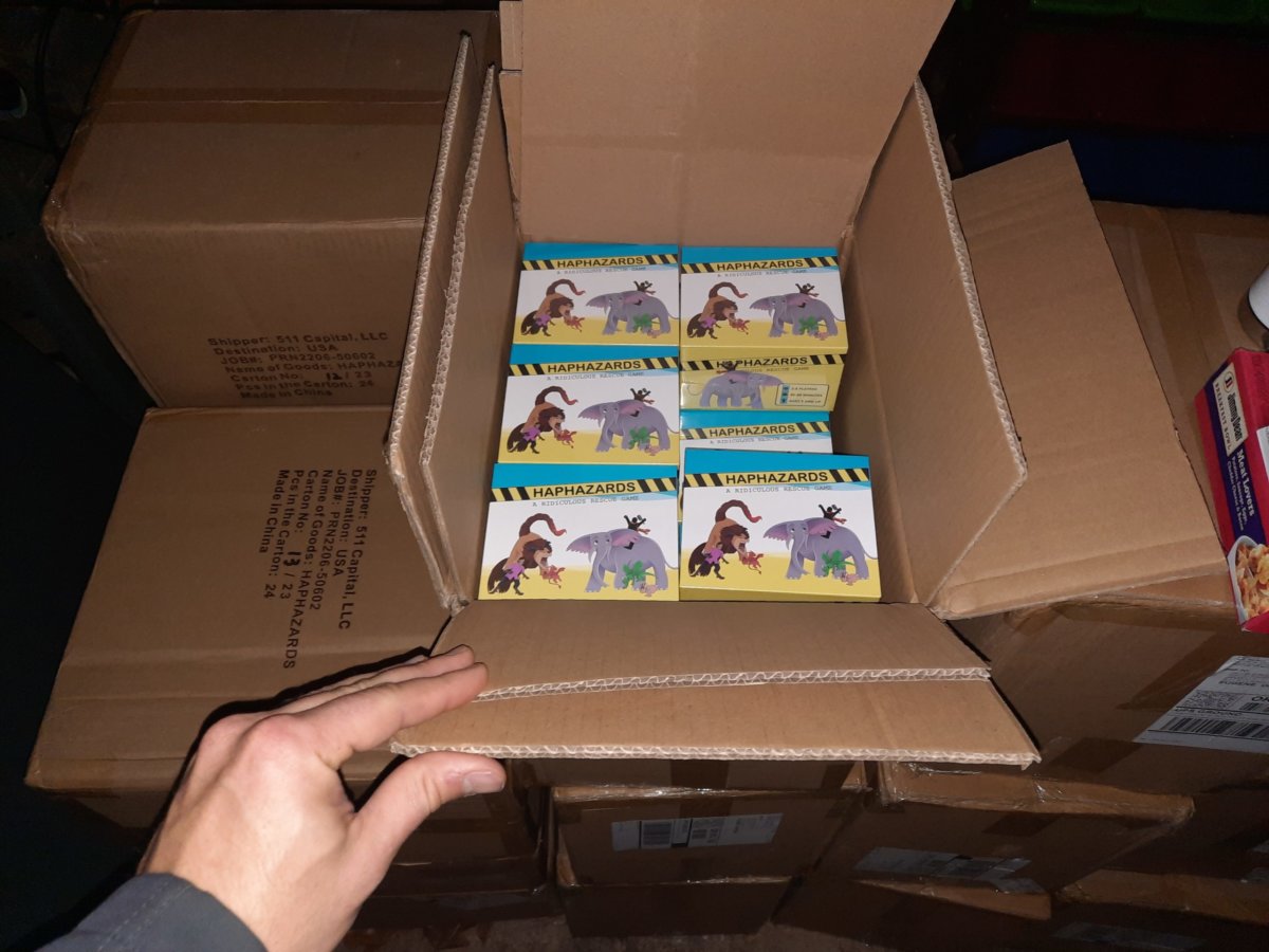 A box of HAPHAZARDS games